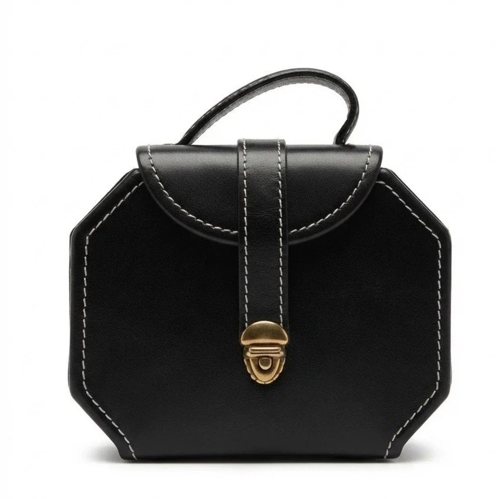 Black Leather Octagonal Jewelry Mini Travel Case Vacation Organizer Adventures